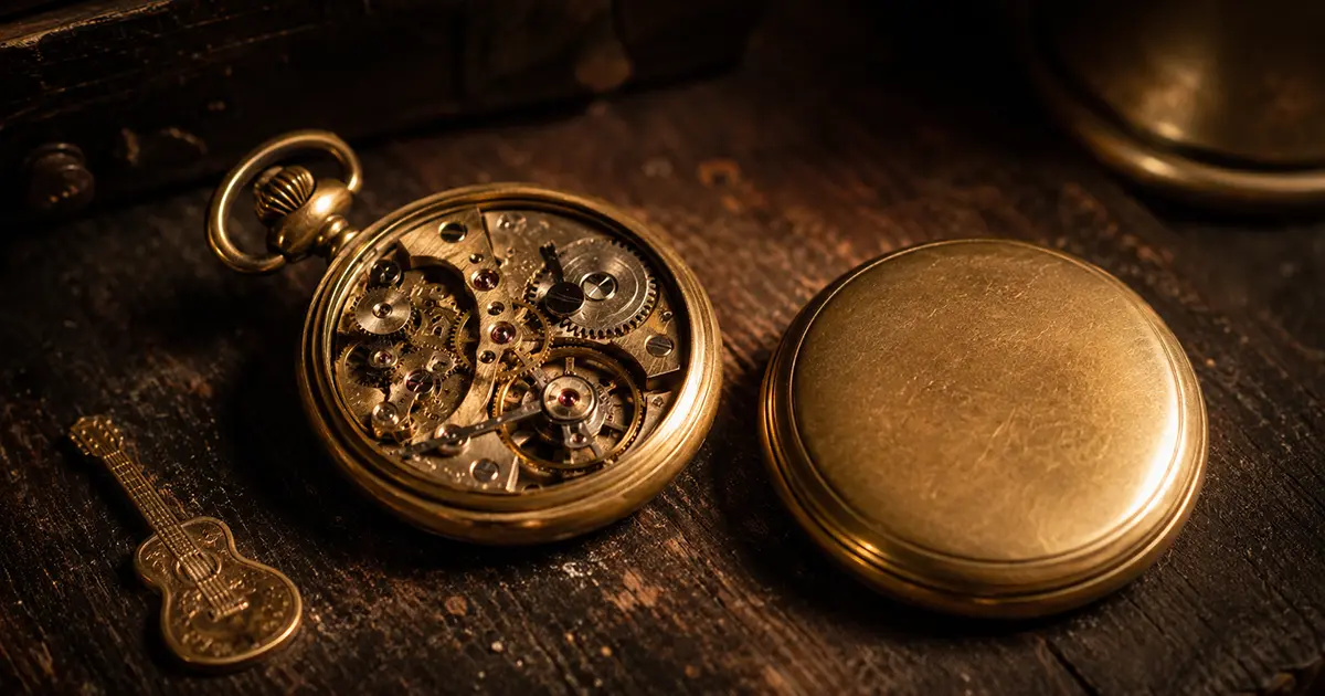 An antique pocket watch lying open on warm dark wood with its brass movement exposed, the plain closed watch face resting face-up beside it, golden light
