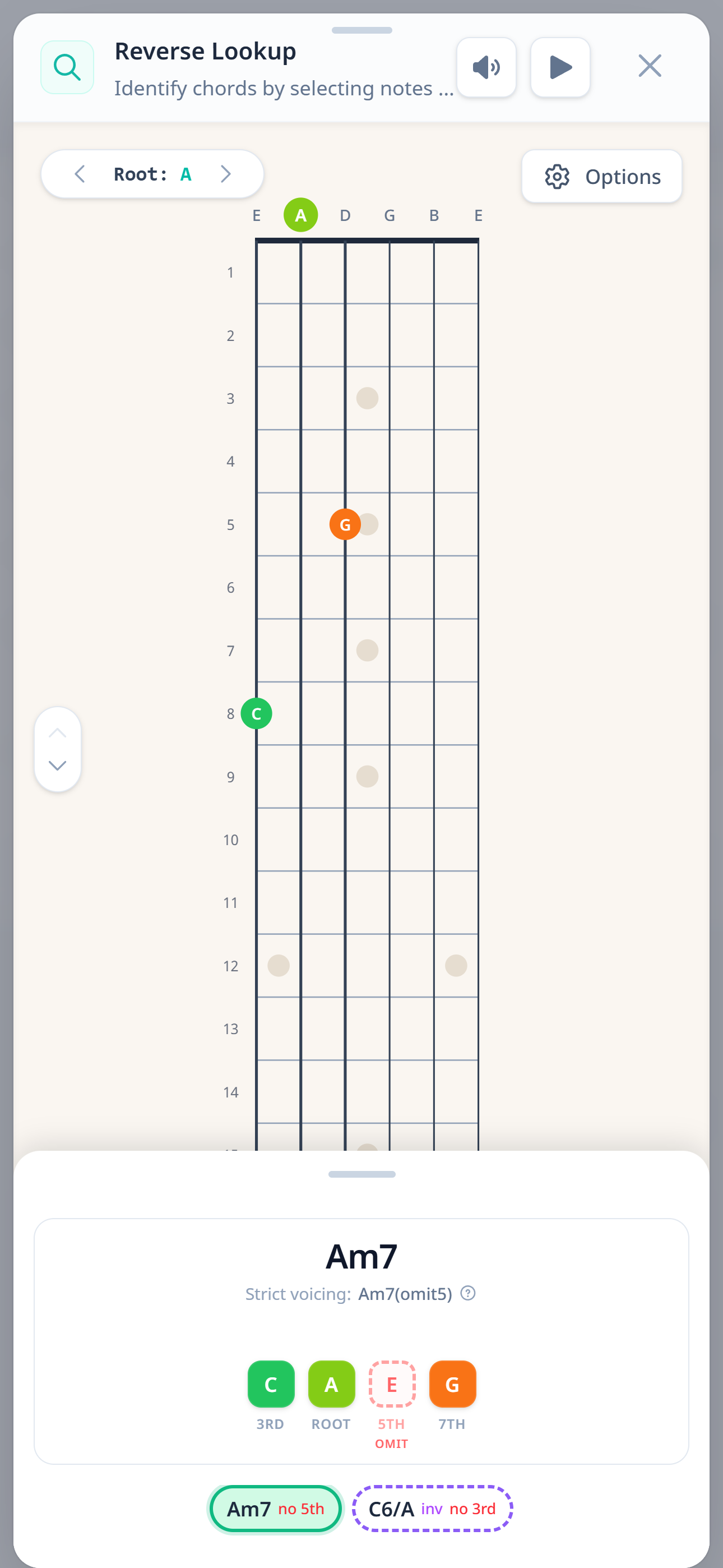 The same A, C, G in Fretscape - Am7 ranked first, root auto-set to the bass note A, with C6/A offered as a labelled alternative