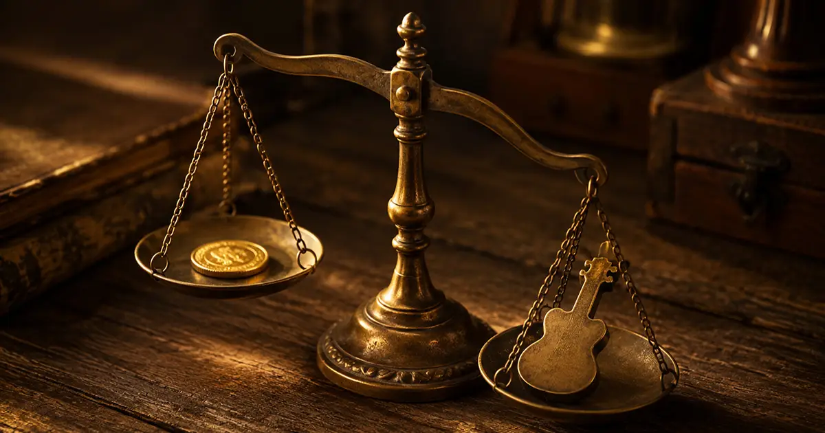 Vintage brass balance scales on warm wood, one pan holding a bright coin and the other a small guitar-shaped token that tips the balance lower, golden light