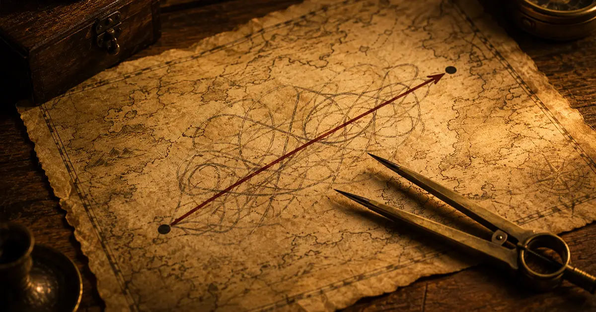 An aged route map on a warm wooden desk, two points joined by a scribbled-out path and a cleaner redrawn line, brass dividers resting beside it