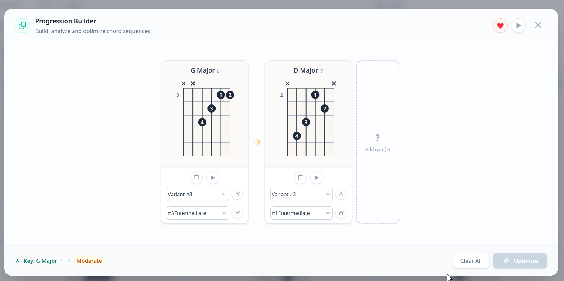 Advanced mode G to D before the fix - a third-fret voicing with no relationship to the intended anchor transition