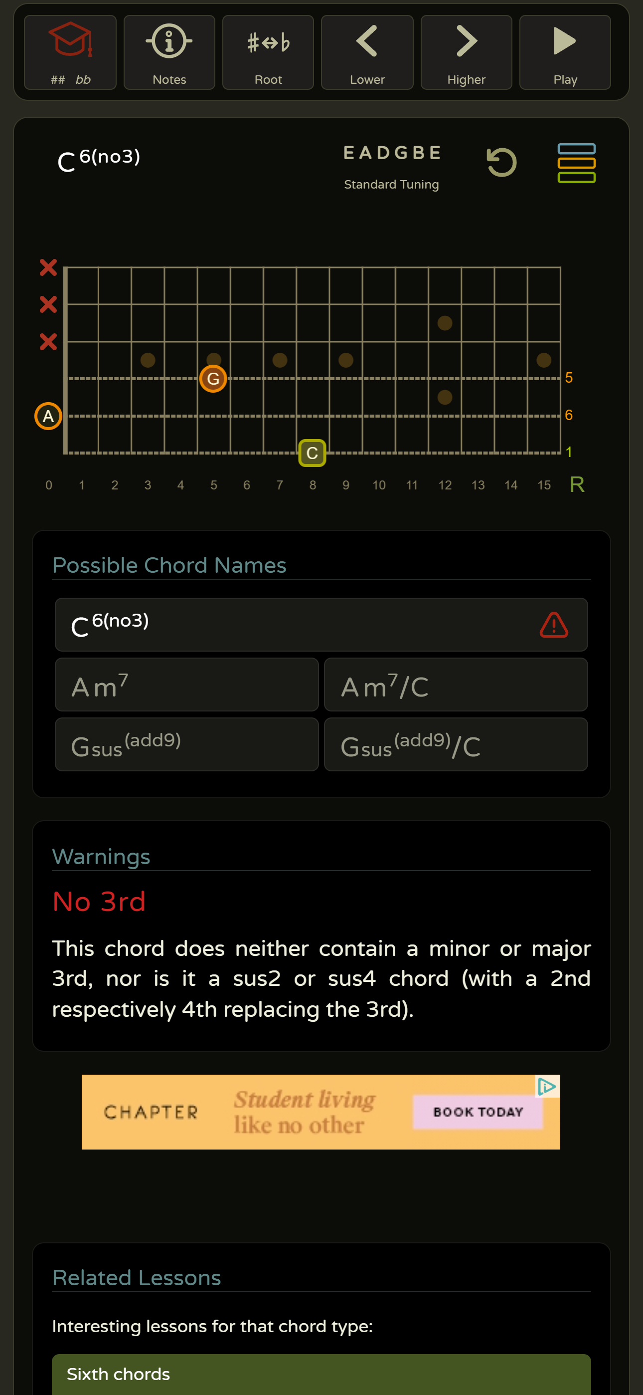 A reverse chord lookup tool's analysis of A, C, G - C6(no3) ranked first with a warning triangle, above Am7
