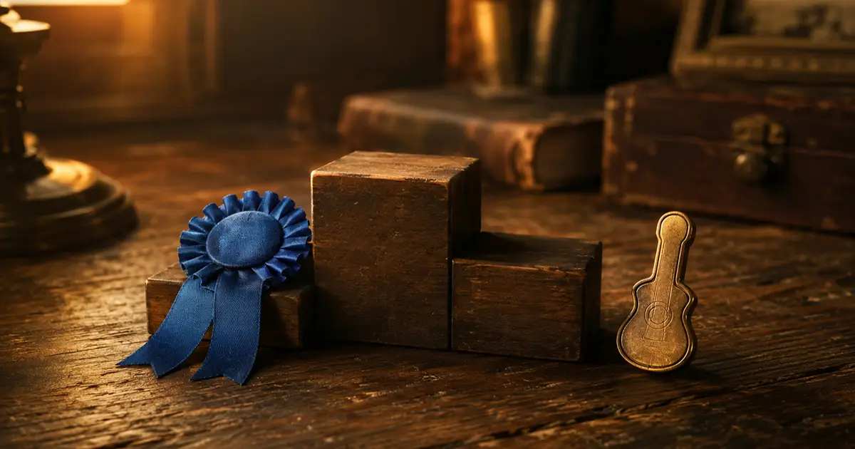 A small wooden three-tier winners podium on a warm desk, a blue first-place rosette ribbon resting on the second-place step while the tallest top step sits empty, golden light