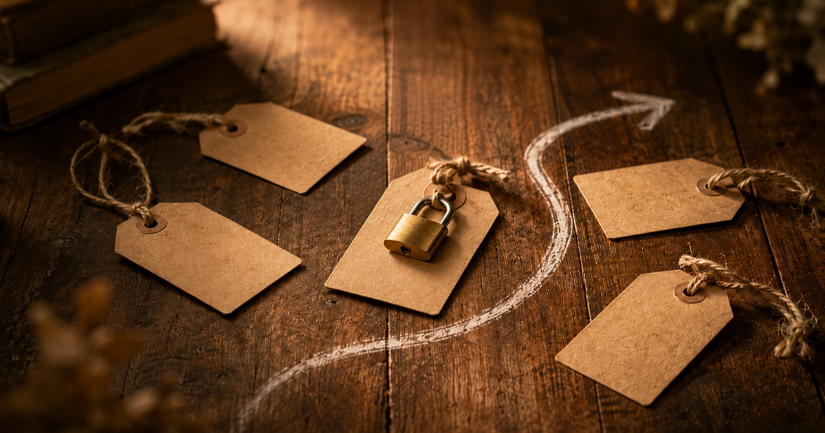 A kraft tag held shut by a small brass padlock among looser tags on warm wood, a faint chalk arrow curving past it rather than stopping at it