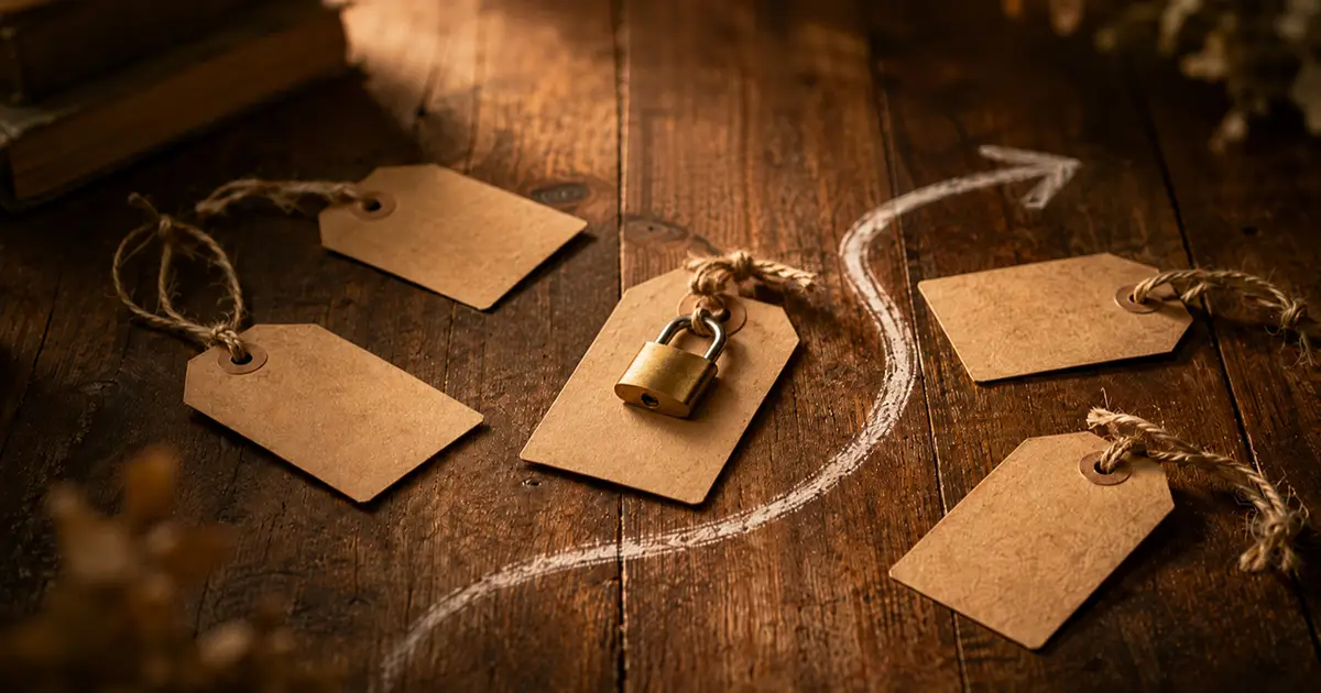 A kraft tag held shut by a small brass padlock among looser tags on warm wood, a faint chalk arrow curving past it rather than stopping at it