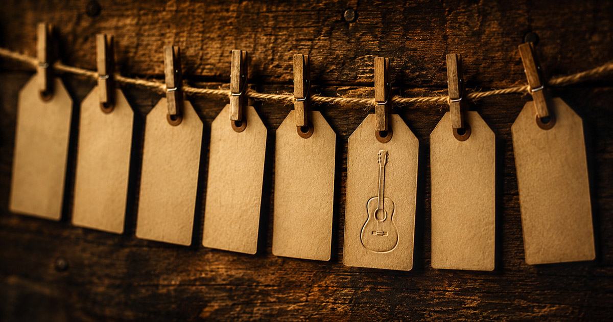 A row of blank kraft-paper tags hanging from twine on wooden pegs against dark rustic wood, one tag embossed with a small acoustic guitar, warm light