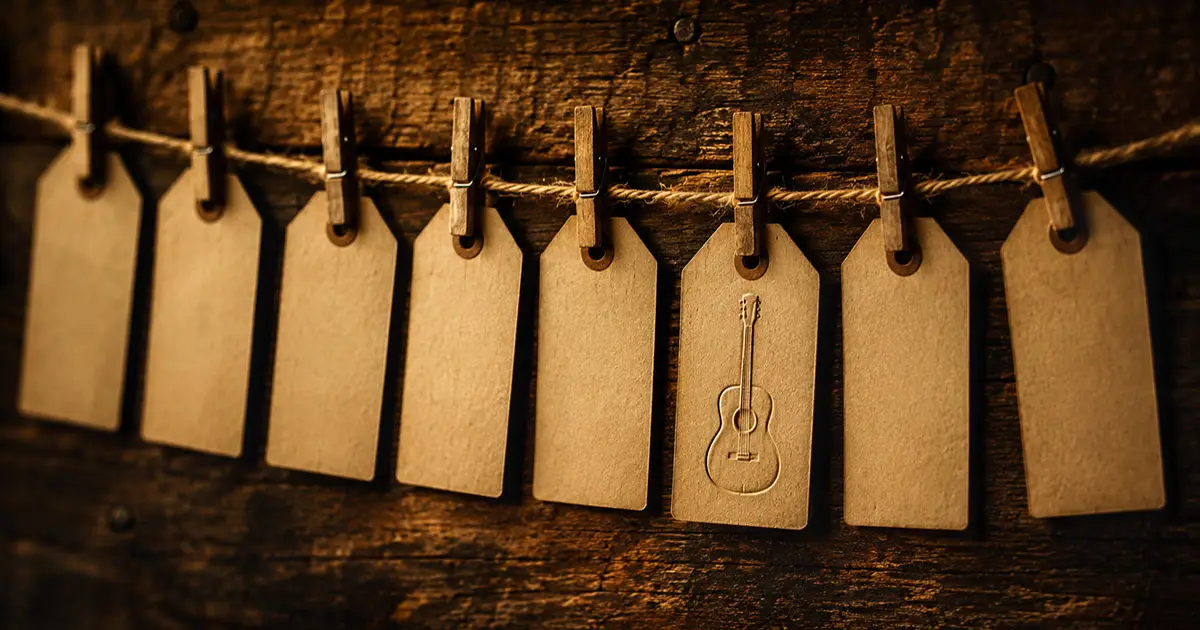 A row of blank kraft-paper tags hanging from twine on wooden pegs against dark rustic wood, one tag embossed with a small acoustic guitar, warm light