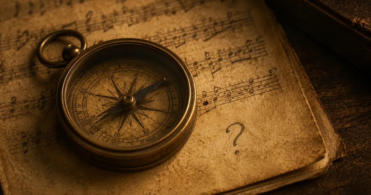 A vintage brass compass resting on aged sheet music, its needle settling toward a marked point, with a faint pencilled question mark nearby