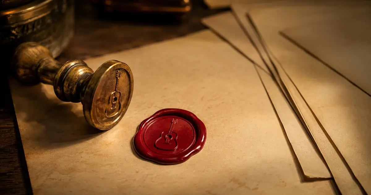A brass wax seal resting beside a single blob of warm red sealing wax freshly stamped with a small guitar emblem on aged paper, several blank unsealed sheets nearby, golden light