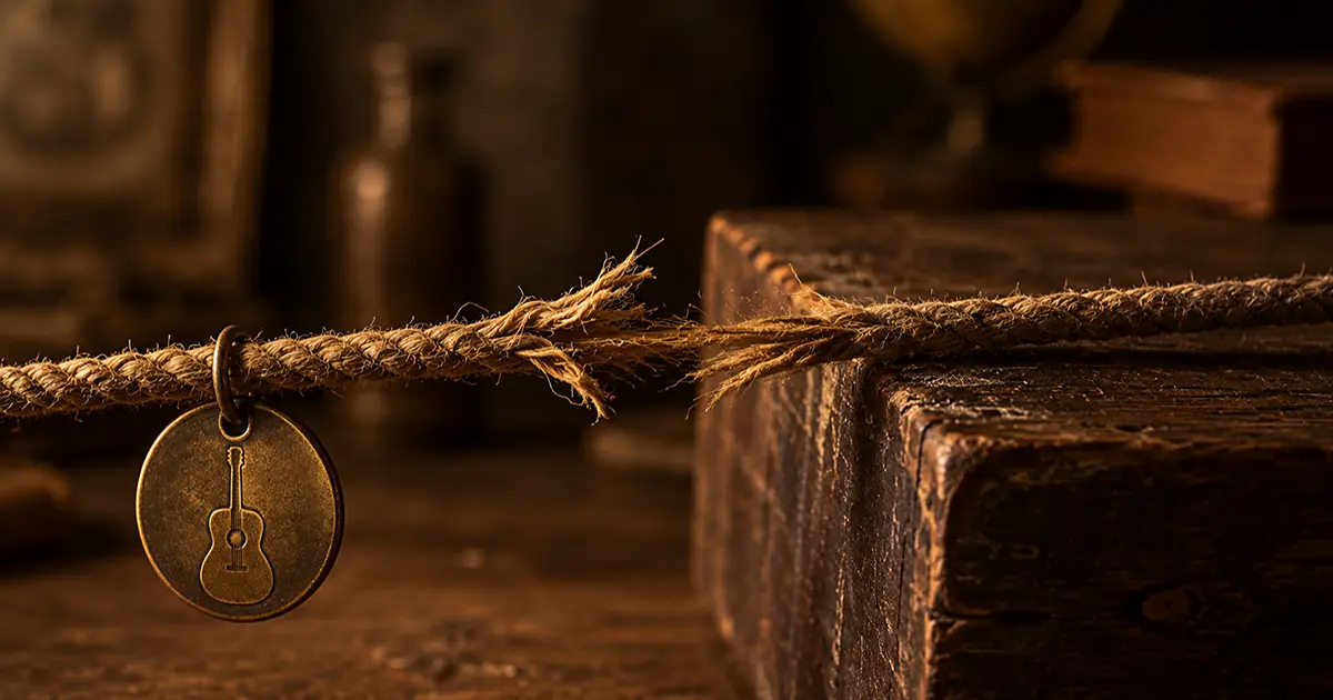 A single taut length of old natural rope straining over the edge of a worn wooden block, its fibres fraying and starting to part at the point of greatest tension, a small brass guitar tag tied to it, warm golden light